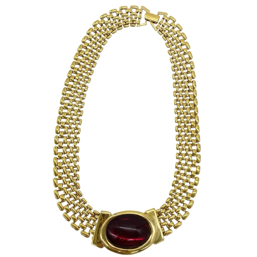 Vintage Napier Gold Tone Necklace with Ruby Red Cabochon